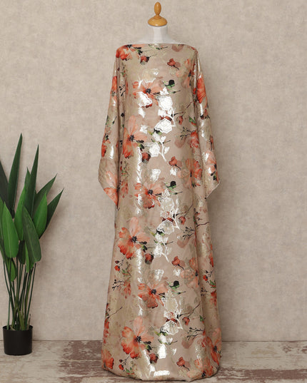 Nude Peach Floral Premium Pure Silk Satin Fabric With Metallic Finish 3.5 Meters, 140 Cms Width, South Korea Luxury Dress Material-D27712