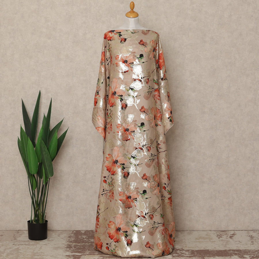 Nude Peach Floral Premium Pure Silk Satin Fabric With Metallic Finish 3.5 Meters, 140 Cms Width, South Korea Luxury Dress Material-D27712