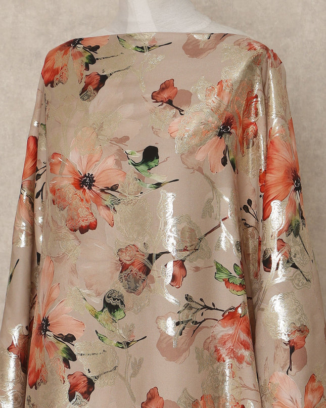 Nude Peach Floral Premium Pure Silk Satin Fabric With Metallic Finish 3.5 Meters, 140 Cms Width, South Korea Luxury Dress Material-D27712
