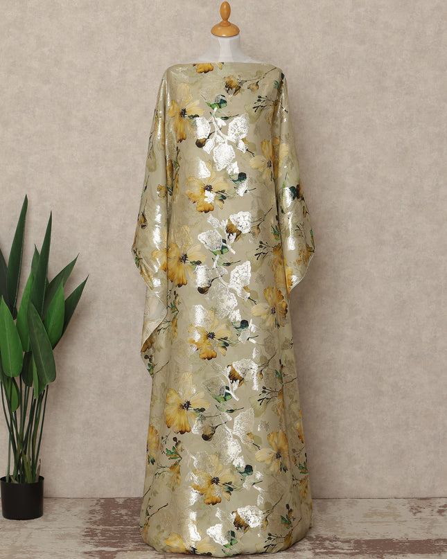 Light Olive Floral Premium Pure Silk Satin Fabric With Metallic Finish 3.5 Meters, 140 Cms Width, South Korea Luxury Dress Material-D27711