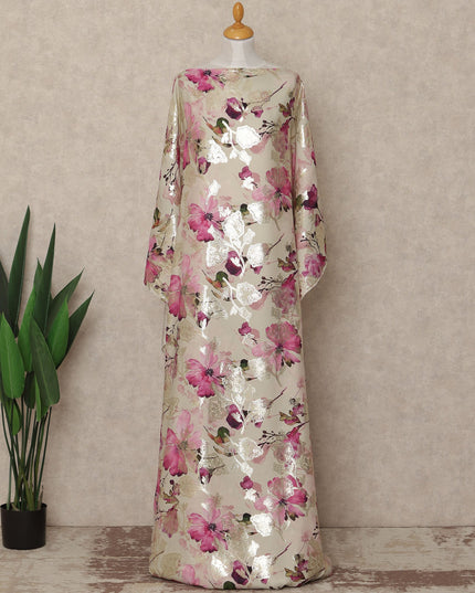 Cream Floral Premium Pure Silk Satin Fabric With Metallic Finish 3.5 Meters, 140 Cms Width, South Korea Luxury Dress Material-D27710