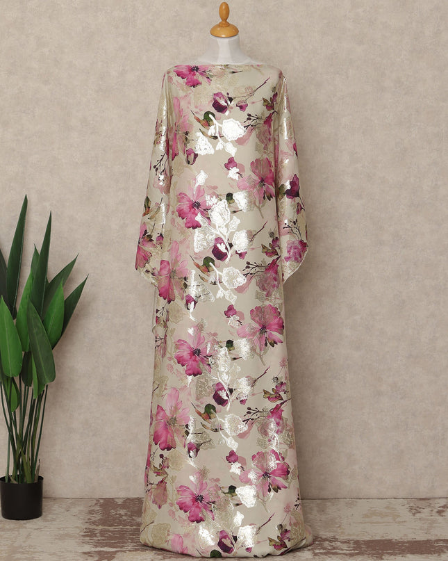 Cream Floral Premium Pure Silk Satin Fabric With Metallic Finish 3.5 Meters, 140 Cms Width, South Korea Luxury Dress Material-D27710