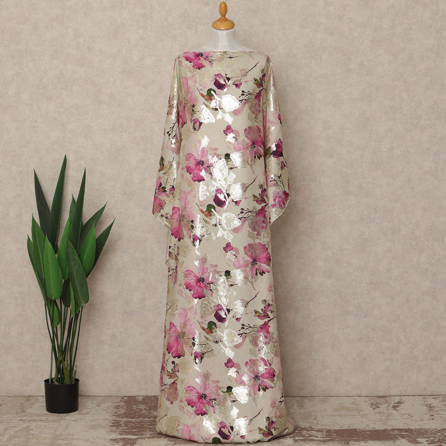 Cream Floral Premium Pure Silk Satin Fabric With Metallic Finish 3.5 Meters, 140 Cms Width, South Korea Luxury Dress Material-D27710