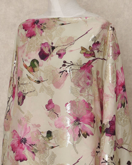 Cream Floral Premium Pure Silk Satin Fabric With Metallic Finish 3.5 Meters, 140 Cms Width, South Korea Luxury Dress Material-D27710