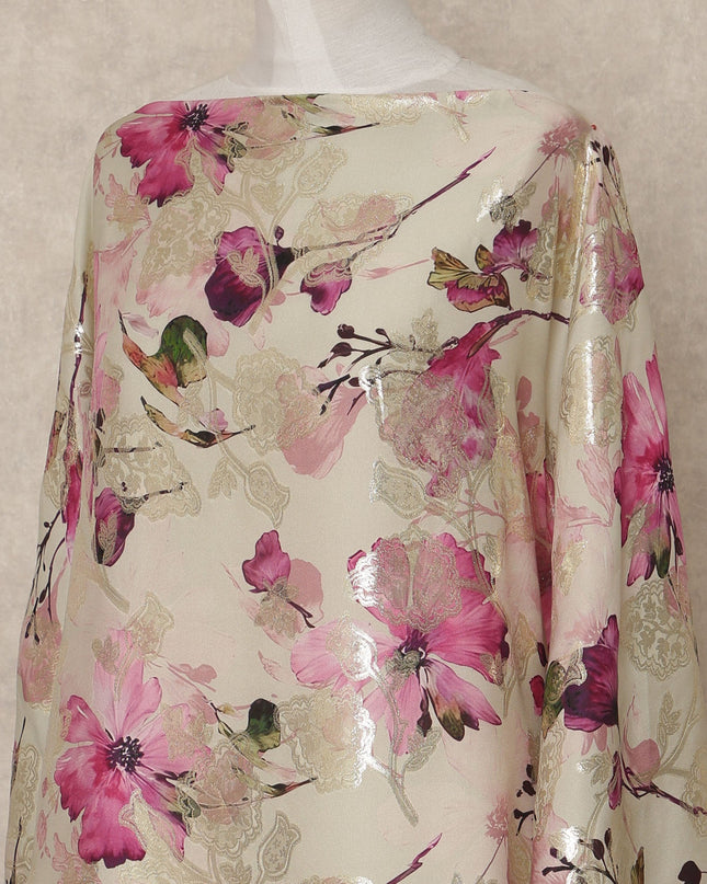 Cream Floral Premium Pure Silk Satin Fabric With Metallic Finish 3.5 Meters, 140 Cms Width, South Korea Luxury Dress Material-D27710