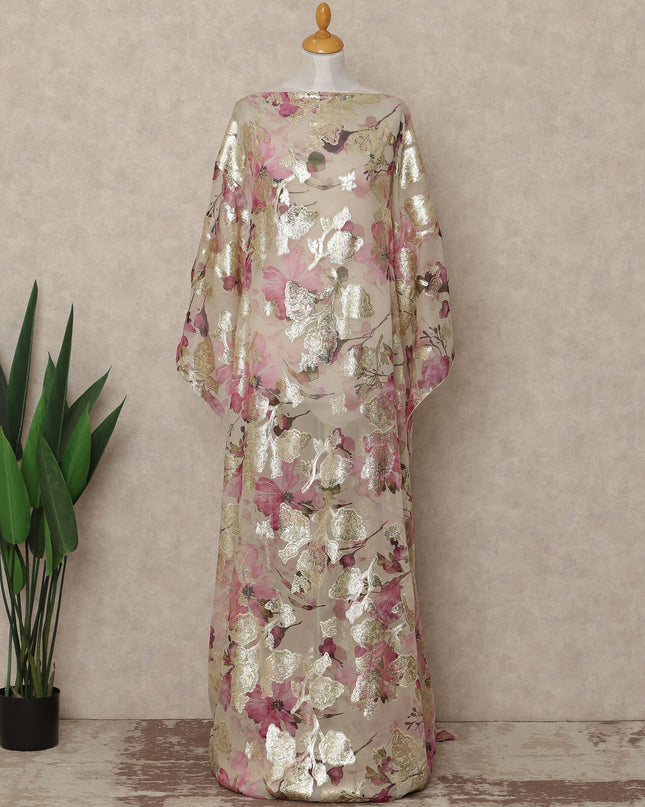 Cream Pink Floral Traditional Somali Silk Chiffon Dirac Fabric With Metallic Lurex 3.5 Meters, 140 Cms Width, South Korea-D27720