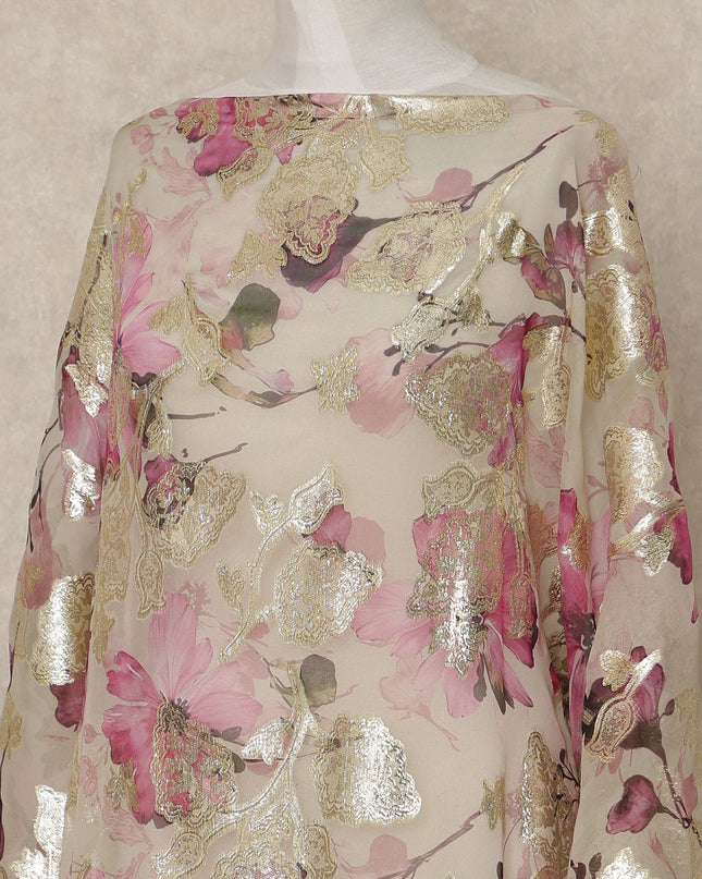 Cream Pink Floral Traditional Somali Silk Chiffon Dirac Fabric With Metallic Lurex 3.5 Meters, 140 Cms Width, South Korea-D27720