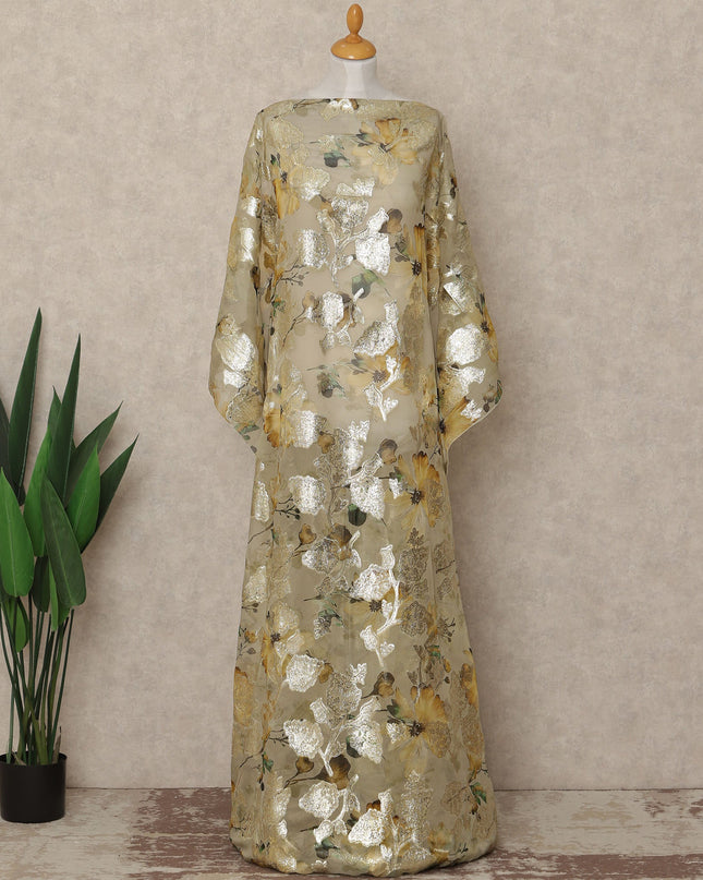 Golden Beige Floral Traditional Somali Silk Chiffon Dirac Fabric With Metallic Lurex 3.5 Meters, 140 Cms Width, South Korea-D27721