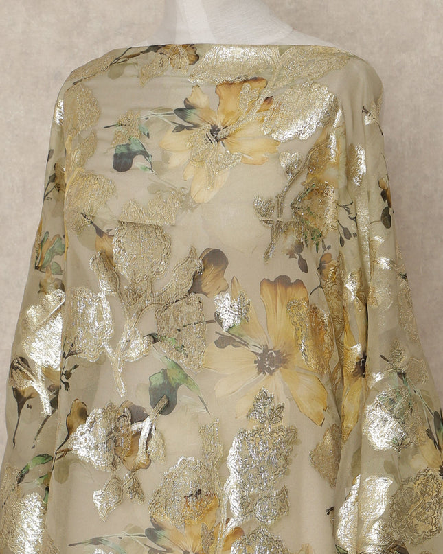 Golden Beige Floral Traditional Somali Silk Chiffon Dirac Fabric With Metallic Lurex 3.5 Meters, 140 Cms Width, South Korea-D27721