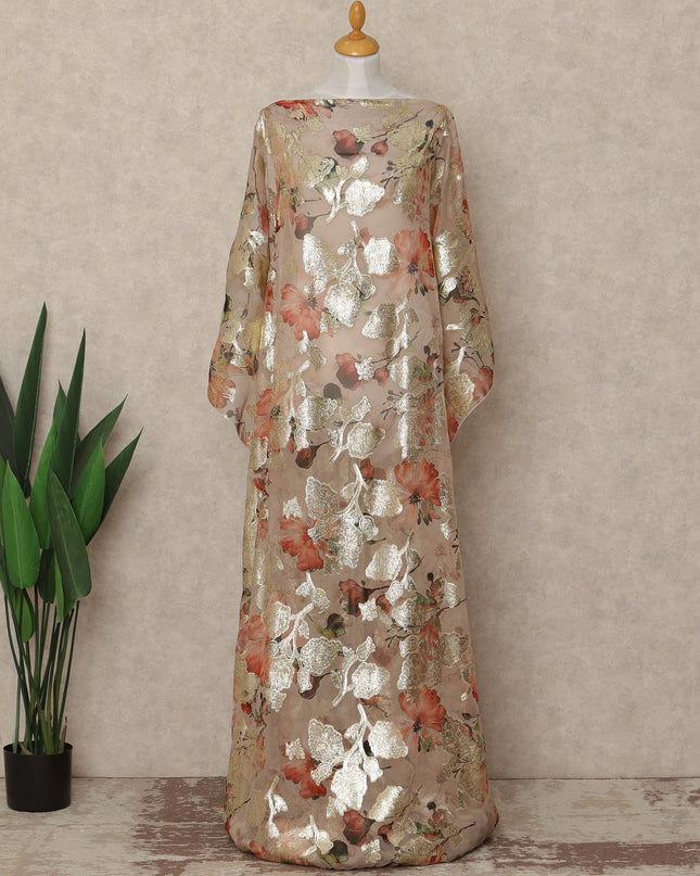 Nude Beige Floral Traditional Somali Silk Chiffon Dirac Fabric With Metallic Lurex 3.5 Meters, 140 Cms Width, South Korea-D27719