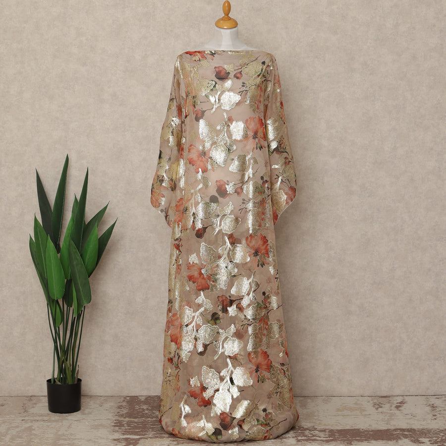 Nude Beige Floral Traditional Somali Silk Chiffon Dirac Fabric With Metallic Lurex 3.5 Meters, 140 Cms Width, South Korea-D27719