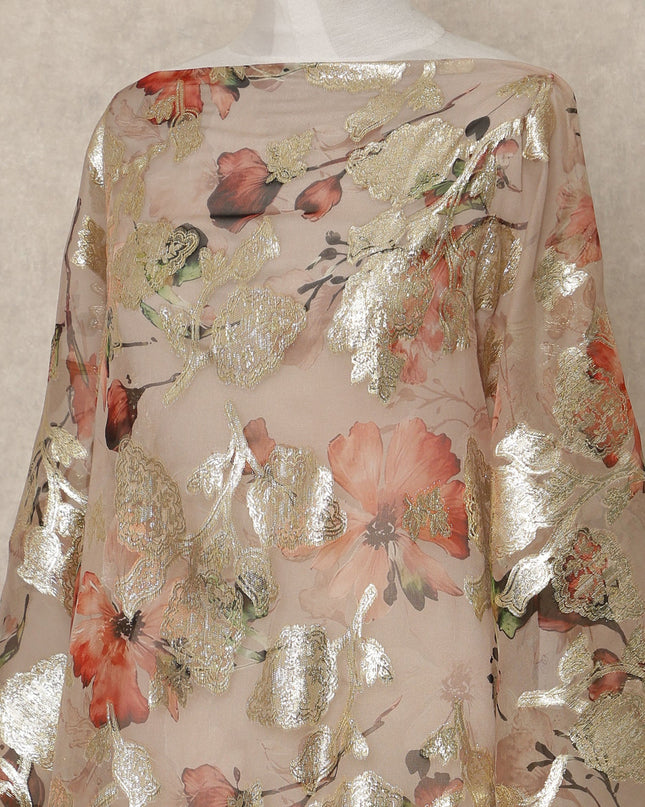 Nude Beige Floral Traditional Somali Silk Chiffon Dirac Fabric With Metallic Lurex 3.5 Meters, 140 Cms Width, South Korea-D27719