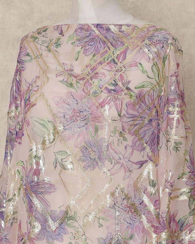 Blush Lavender Floral Traditional Somali Silk Chiffon Dirac Fabric With Metallic Lurex 3.5 Meters, 140 Cms Width, South Korea-D27718
