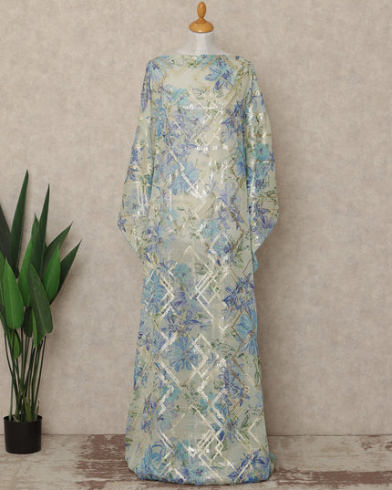 Cream Blue Floral Traditional Somali Silk Chiffon Dirac Fabric With Metallic Lurex 3.5 Meters, 140 Cms Width, South Korea-D27716