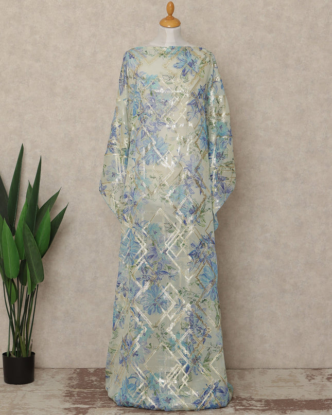 Cream Blue Floral Traditional Somali Silk Chiffon Dirac Fabric With Metallic Lurex 3.5 Meters, 140 Cms Width, South Korea-D27716