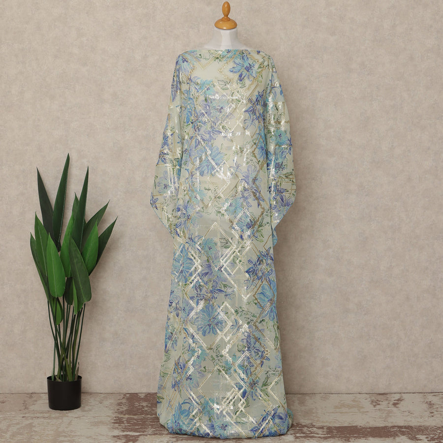 Cream Blue Floral Traditional Somali Silk Chiffon Dirac Fabric With Metallic Lurex 3.5 Meters, 140 Cms Width, South Korea-D27716