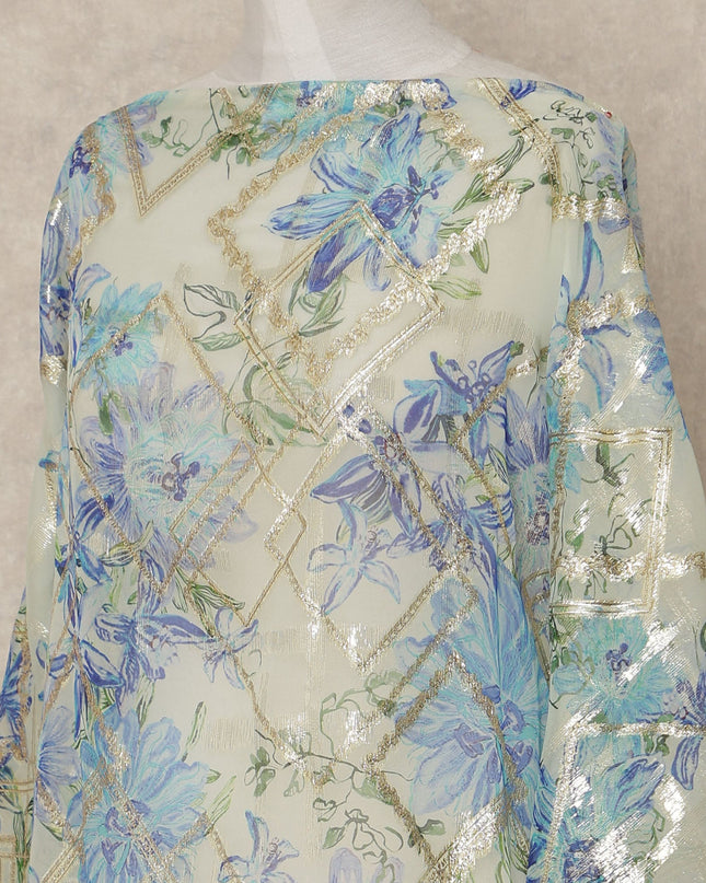 Cream Blue Floral Traditional Somali Silk Chiffon Dirac Fabric With Metallic Lurex 3.5 Meters, 140 Cms Width, South Korea-D27716