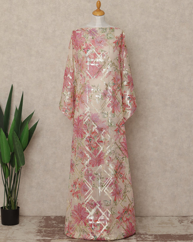 Beige Pink Floral Traditional Somali Silk Chiffon Dirac Fabric With Metallic Lurex 3.5 Meters, 140 Cms Width, South Korea-D27717