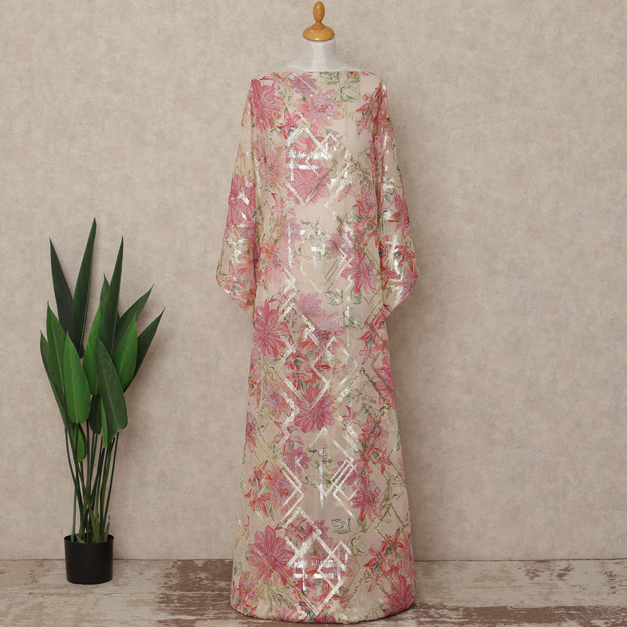 Beige Pink Floral Traditional Somali Silk Chiffon Dirac Fabric With Metallic Lurex 3.5 Meters, 140 Cms Width, South Korea-D27717
