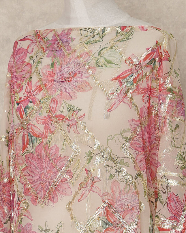 Beige Pink Floral Traditional Somali Silk Chiffon Dirac Fabric With Metallic Lurex 3.5 Meters, 140 Cms Width, South Korea-D27717
