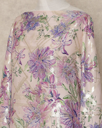 Blush Pink Floral Premium Pure Silk Satin Fabric With Metallic Finish 3.5 Meters, 140 Cms Width, South Korea Luxury Dress Material-D27714 - Regal Fabrics