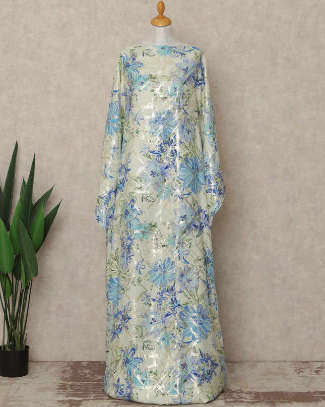 Mint Green Floral Premium Pure Silk Satin Fabric With Metallic Finish 3.5 Meters, 140 Cms Width, South Korea Luxury Dress Material-D27713