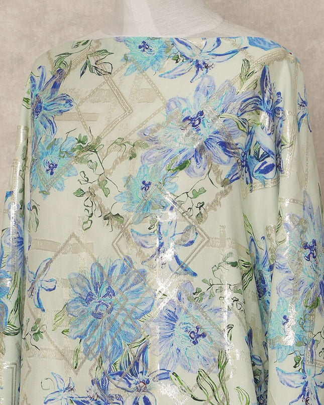 Mint Green Floral Premium Pure Silk Satin Fabric With Metallic Finish 3.5 Meters, 140 Cms Width, South Korea Luxury Dress Material-D27713