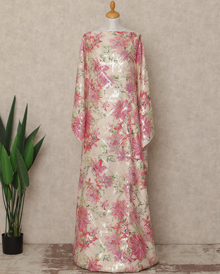 Beige Pink Floral Premium Pure Silk Satin Fabric With Metallic Finish 3.5 Meters, 140 Cms Width, South Korea Luxury Dress Material-D27715 - Regal Fabrics