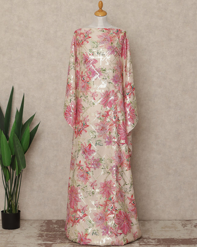 Beige Pink Floral Premium Pure Silk Satin Fabric With Metallic Finish 3.5 Meters, 140 Cms Width, South Korea Luxury Dress Material-D27715
