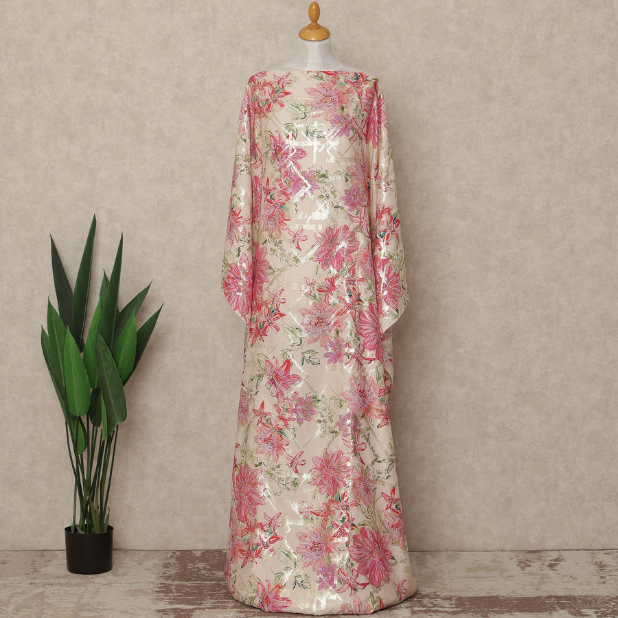Beige Pink Floral Premium Pure Silk Satin Fabric With Metallic Finish 3.5 Meters, 140 Cms Width, South Korea Luxury Dress Material-D27715 - Regal Fabrics