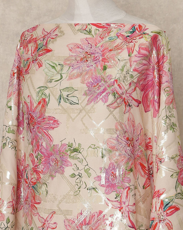 Beige Pink Floral Premium Pure Silk Satin Fabric With Metallic Finish 3.5 Meters, 140 Cms Width, South Korea Luxury Dress Material-D27715