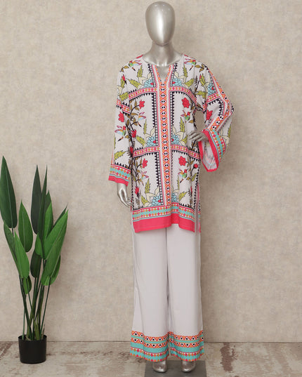 White Pink Floral Border Co Ord Set Party Wear