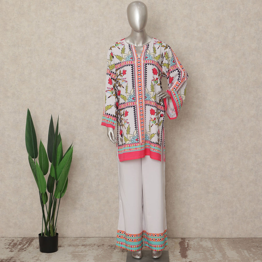 White Pink Floral Border Co Ord Set Party Wear