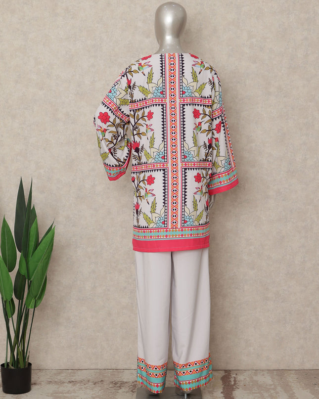 White Pink Floral Border Co Ord Set Party Wear