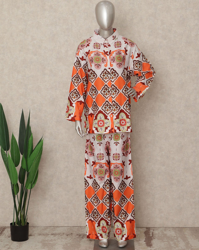 Orange Geometric Co Ord Set Party Wear Women