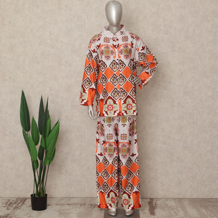 Orange Geometric Co Ord Set Party Wear Women