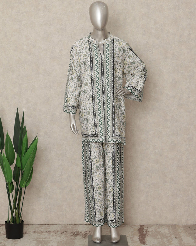 White Green Floral Border Co Ord Set Party Wear