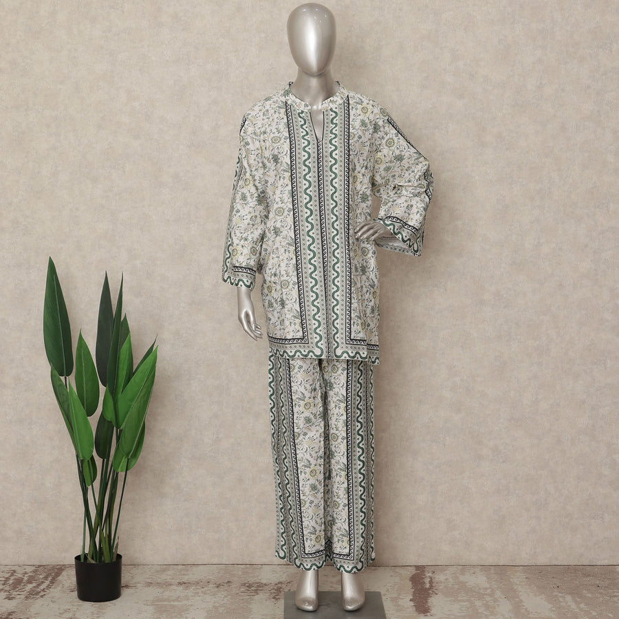 White Green Floral Border Co Ord Set Party Wear