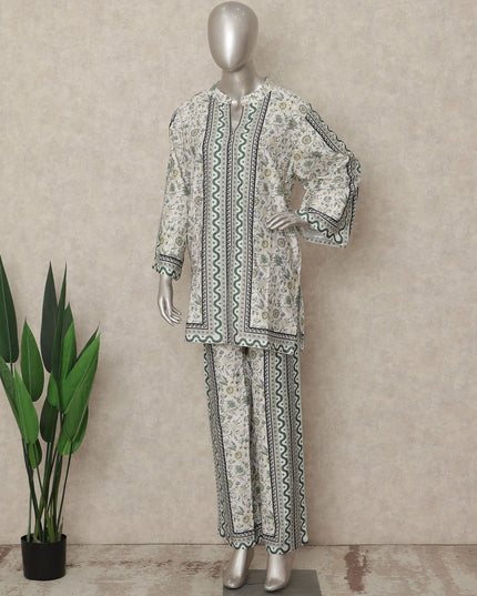 White Green Floral Border Co Ord Set Party Wear