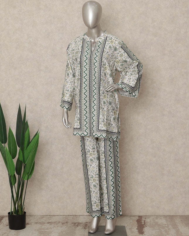 White Green Floral Border Co Ord Set Party Wear