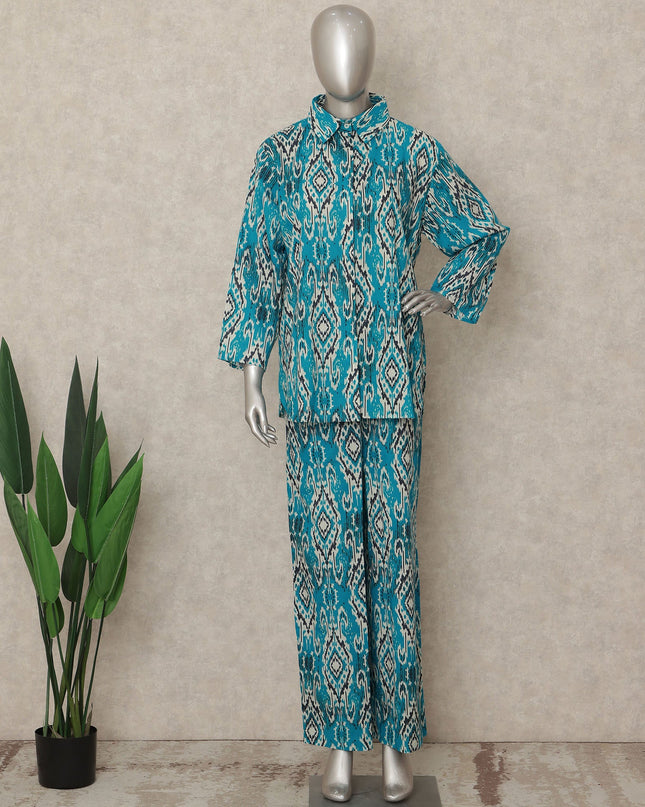 Teal Blue Ikat Co Ord Set Party Wear Women