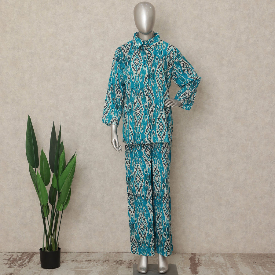 Teal Blue Ikat Co Ord Set Party Wear Women