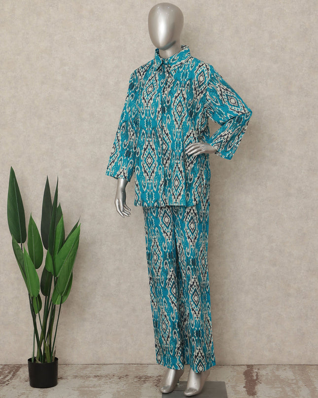 Teal Blue Ikat Co Ord Set Party Wear Women