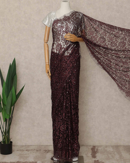Burgundy Premium French Chantilly Saree Lace With Stone Work 5.5 Mtrs Length 110 Cms Width Designer Net Fabric Made In France, Blouse Not Included-D28133