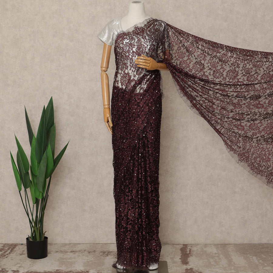 Burgundy Premium French Chantilly Saree Lace With Stone Work 5.5 Mtrs Length 110 Cms Width Designer Net Fabric Made In France, Blouse Not Included-D28133
