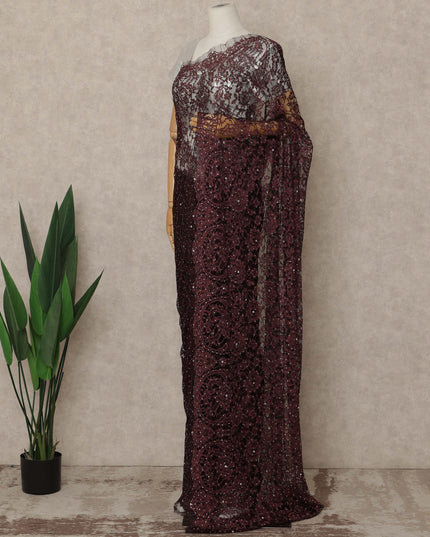 Burgundy Premium French Chantilly Saree Lace With Stone Work 5.5 Mtrs Length 110 Cms Width Designer Net Fabric Made In France, Blouse Not Included-D28133