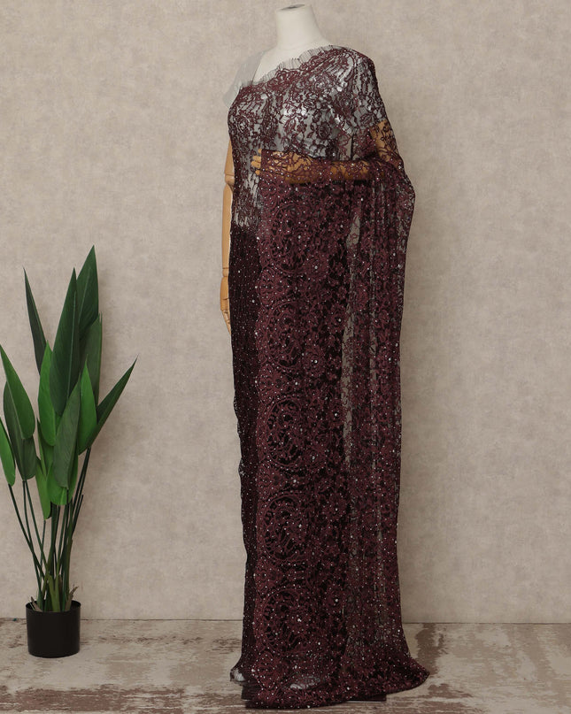 Burgundy Premium French Chantilly Saree Lace With Stone Work 5.5 Mtrs Length 110 Cms Width Designer Net Fabric Made In France, Blouse Not Included-D28133