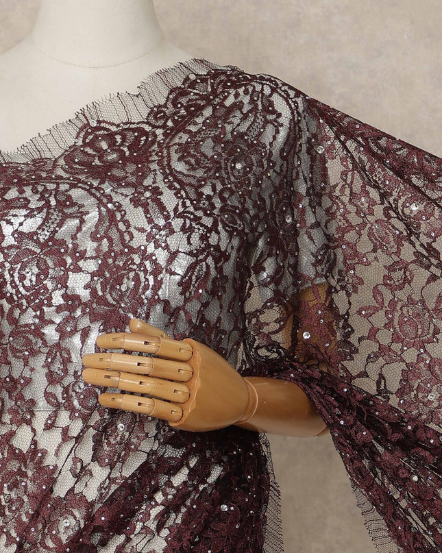Burgundy Premium French Chantilly Saree Lace With Stone Work 5.5 Mtrs Length 110 Cms Width Designer Net Fabric Made In France, Blouse Not Included-D28133