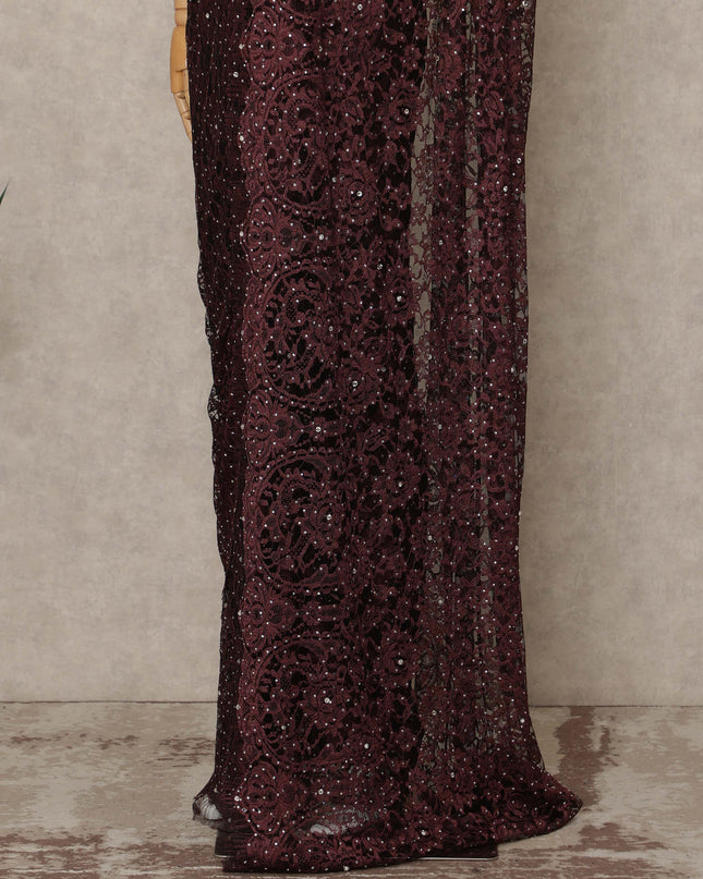 Burgundy Premium French Chantilly Saree Lace With Stone Work 5.5 Mtrs Length 110 Cms Width Designer Net Fabric Made In France, Blouse Not Included-D28133