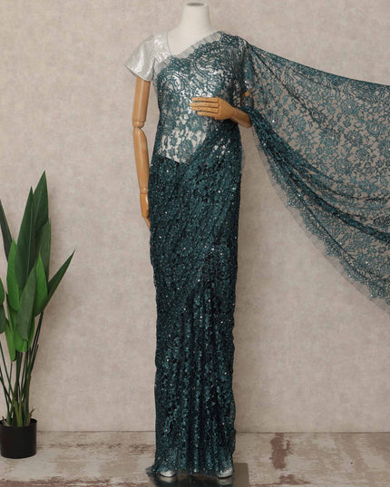 Deep Teal Green Premium French Chantilly Saree Lace With Stone Work 5.5 Mtrs Length 110 Cms Width Designer Net Fabric Made In France, Blouse Not Included-D28132